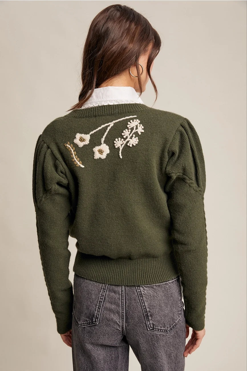Heriloom Floral Embroidered Puff Sleeve Cardigan