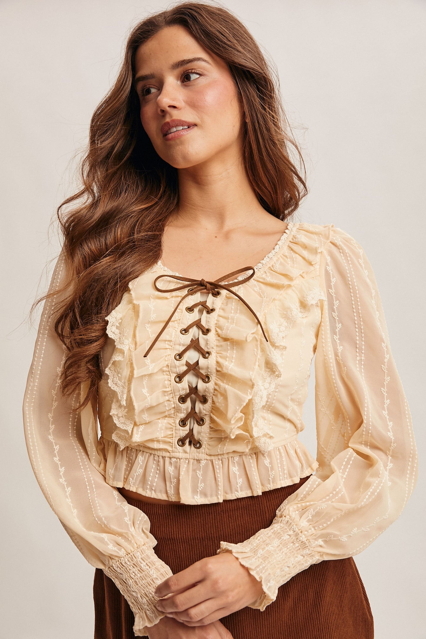 Ruffle Lace Up Smocked Blouse