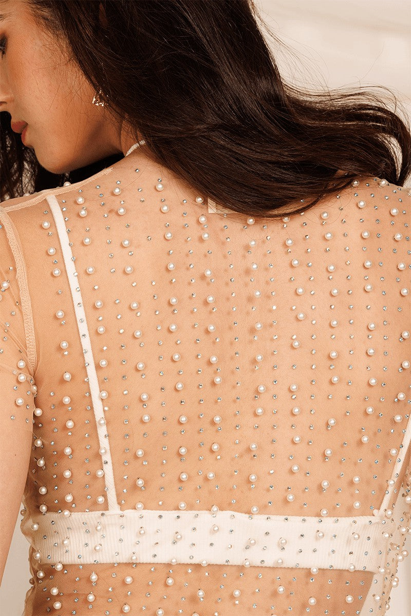 Pearl & Rhinestone Long Sleeve Sheer Crop Top