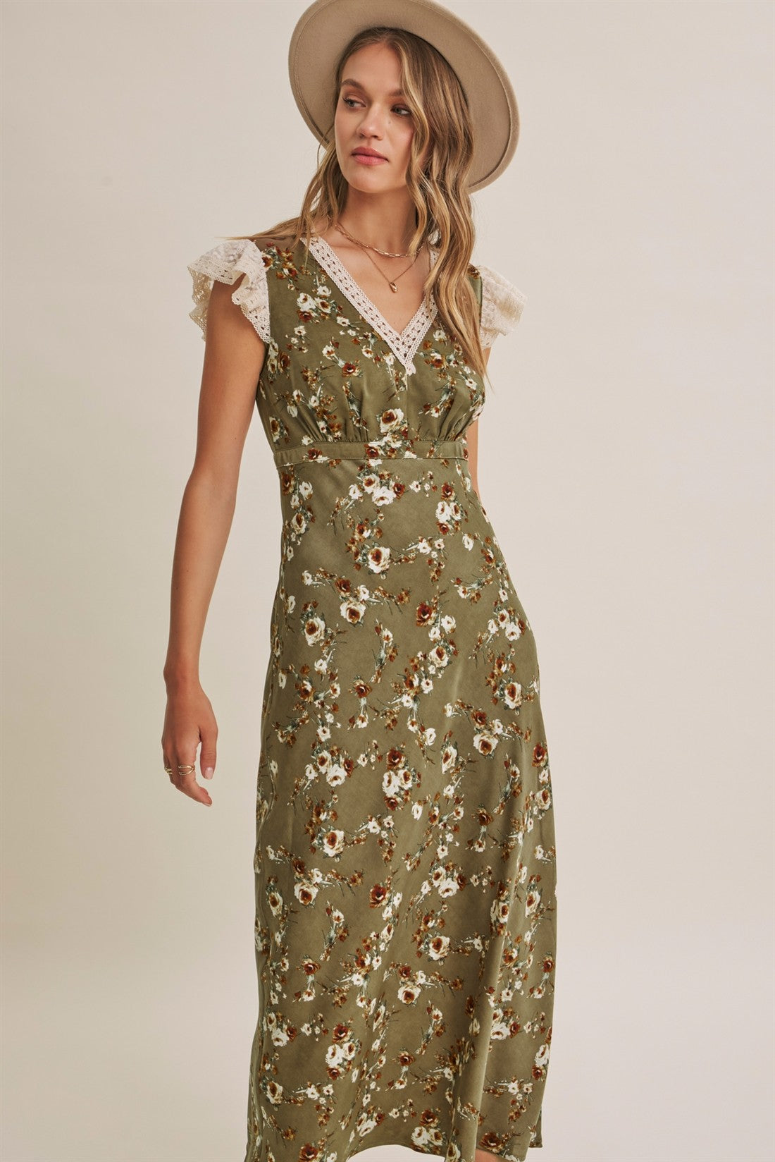 Olive Blossom Scallop Lace Satin Maxi Dress