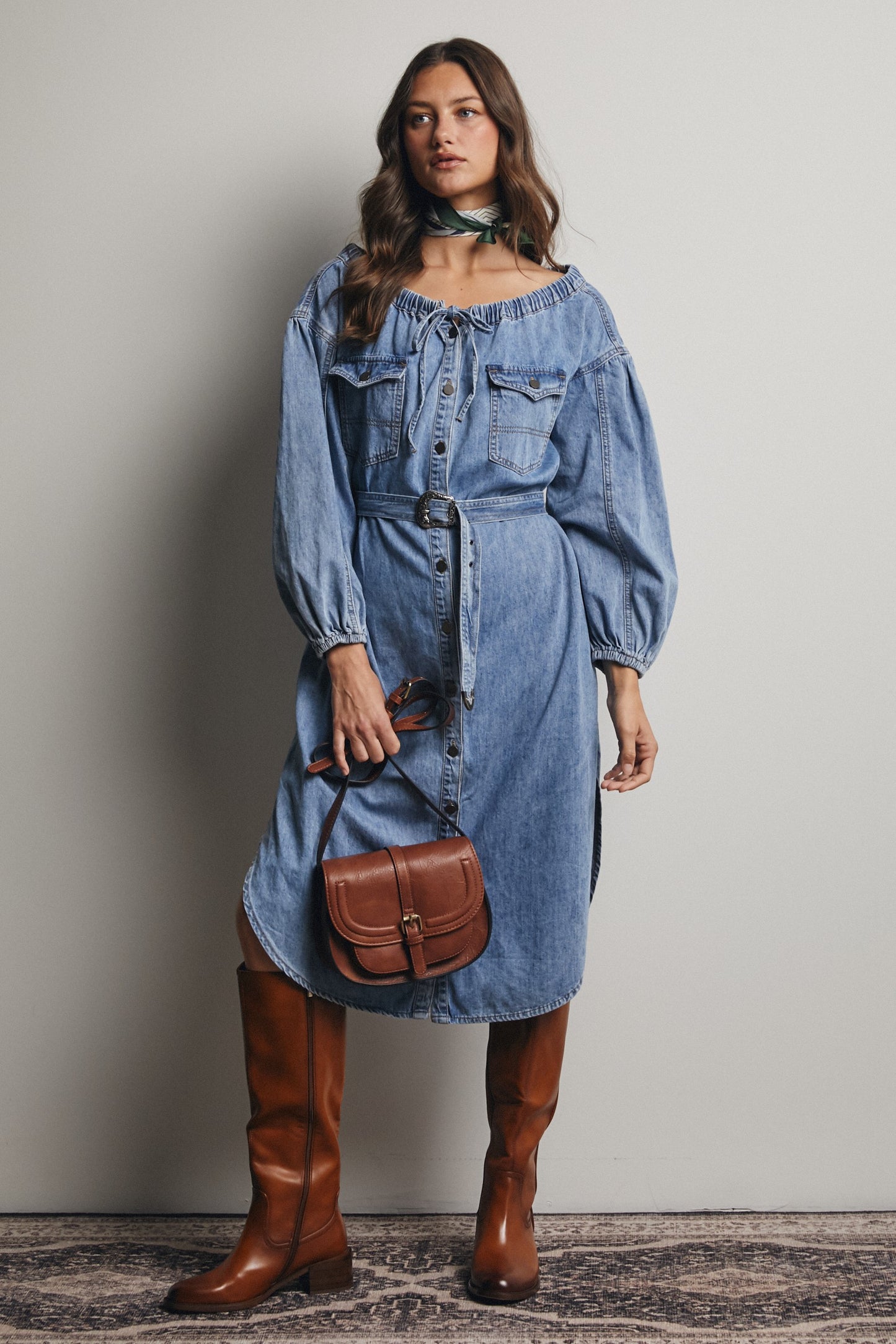 Off Shoulder Belted Denim Shirt Dress