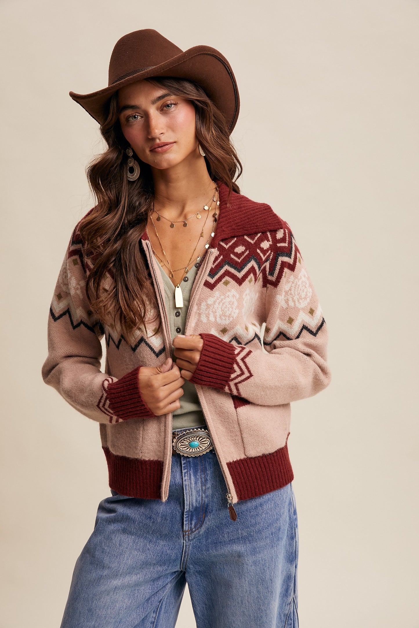 Retro Floral Knit Zip-Up Cardigan