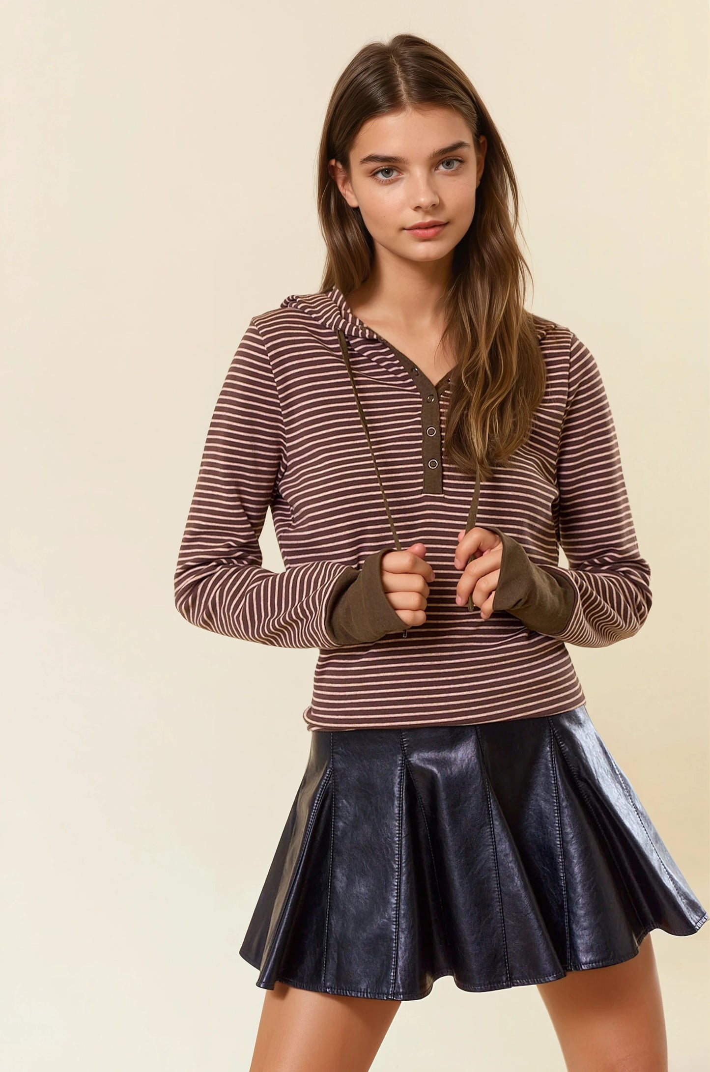 Henley Ribbed Hooded Top