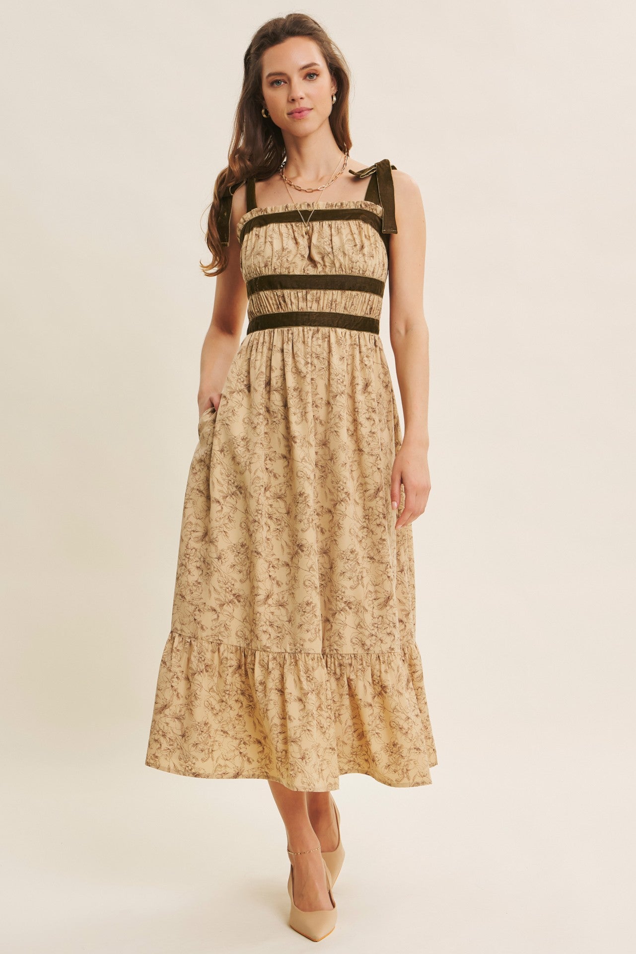 Romantic Velvet Tied Floral Smocked Midi Dress
