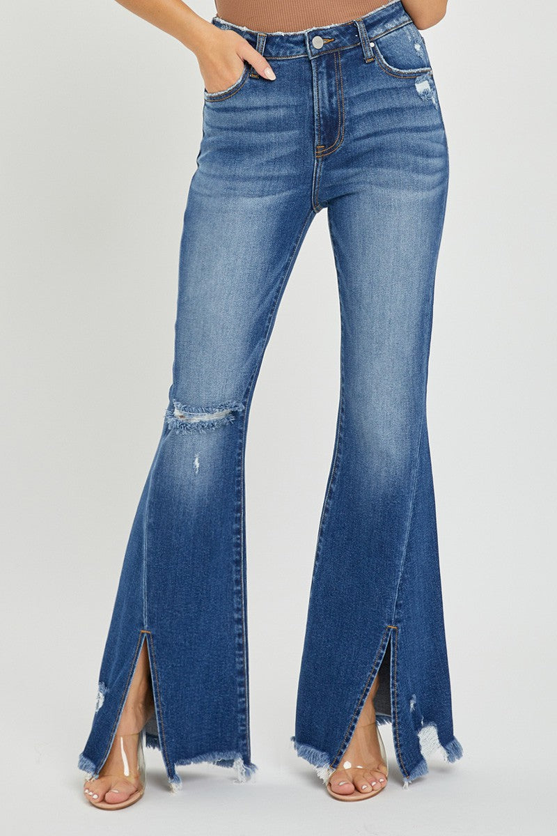 Front Slit Frayed Flare Jeans