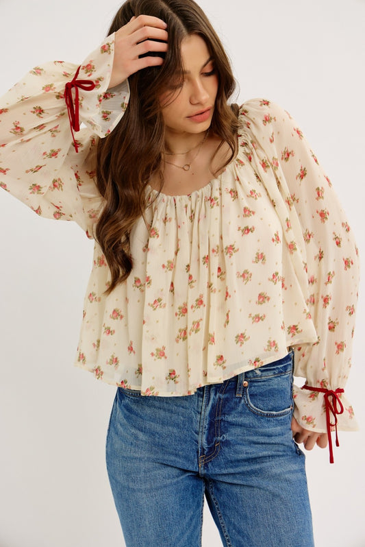Dreamy Crinkle Chiffon Scattered Floral Blouse