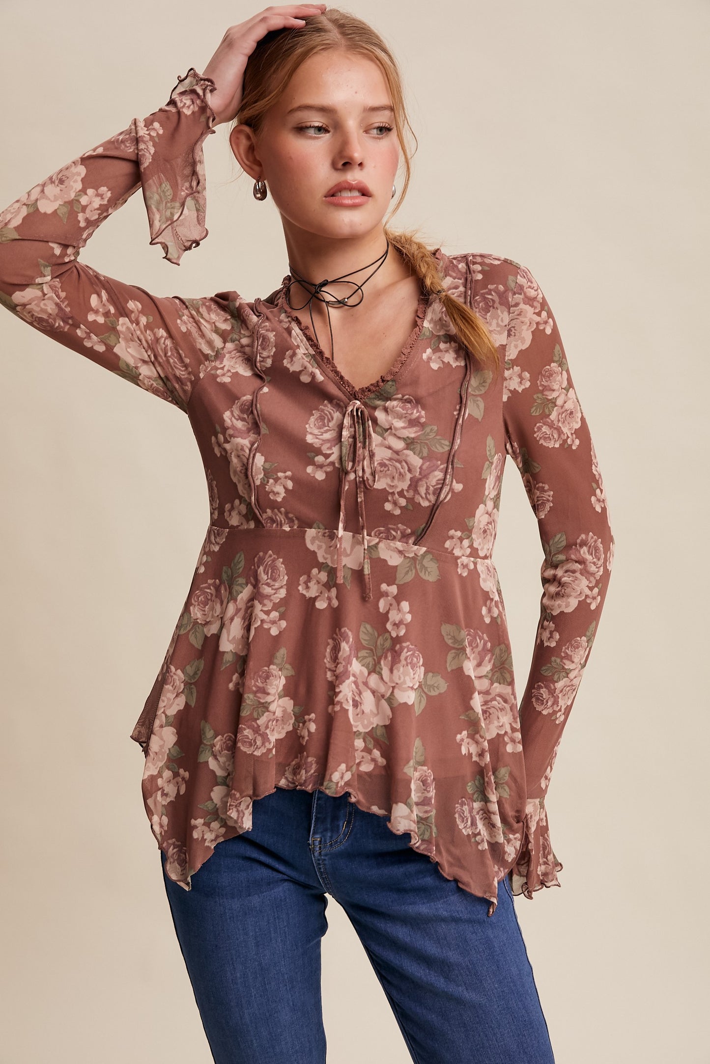 Floral Mesh Handkerchief Blouse
