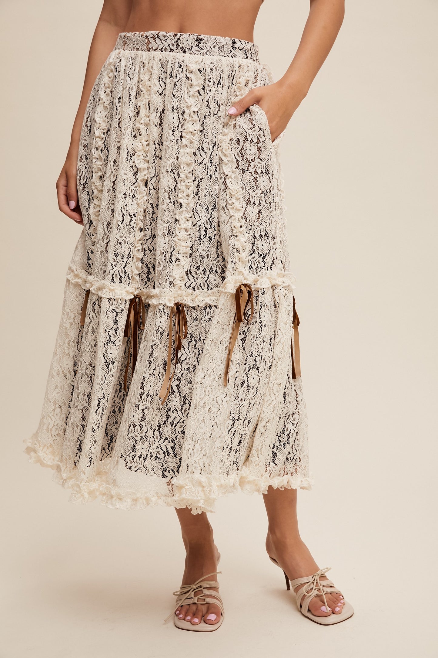 Lace Midi Skirt w/Ribbon Details