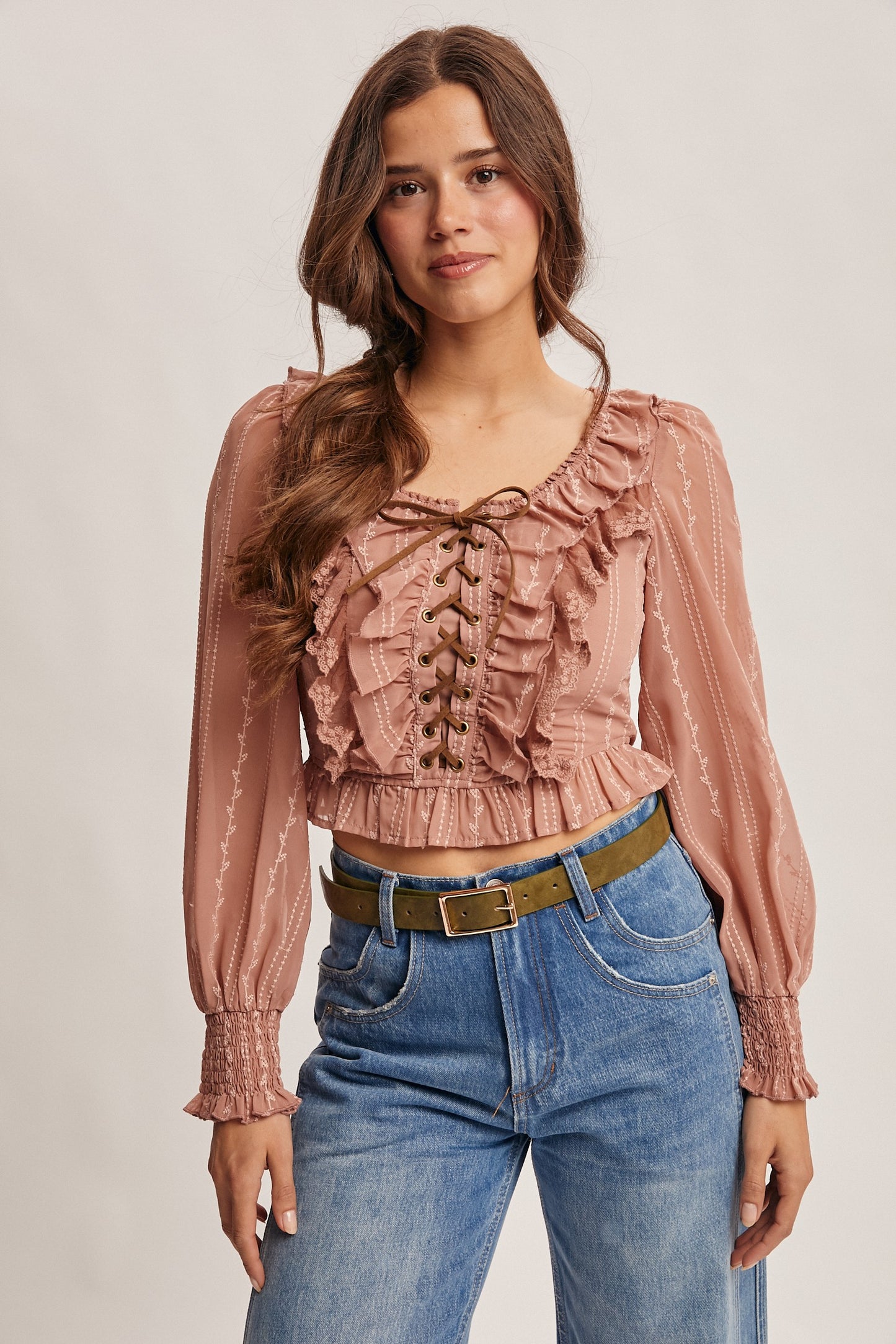 Ruffle Lace Up Smocked Blouse