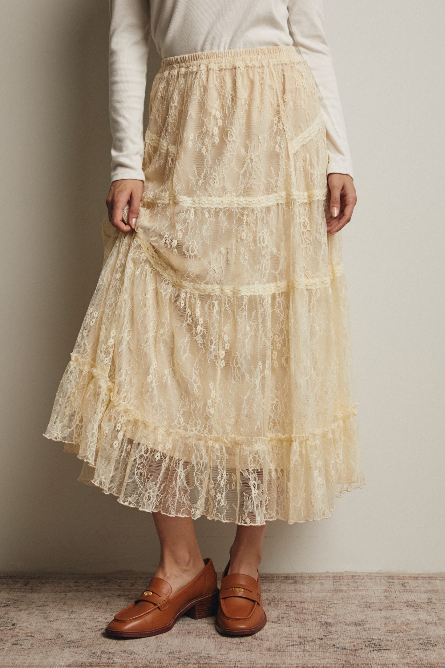 Jaycee Tiered Lace Midi Skirt