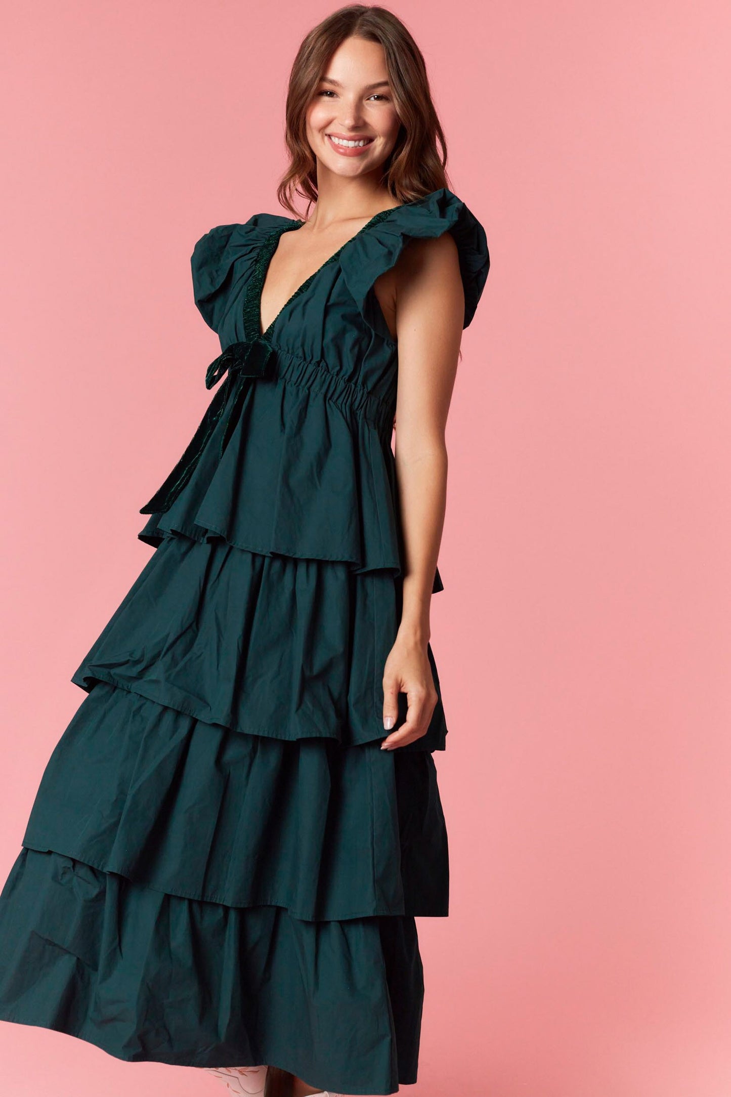 Velvet V Neck/Bow Ruffled Midi Dress