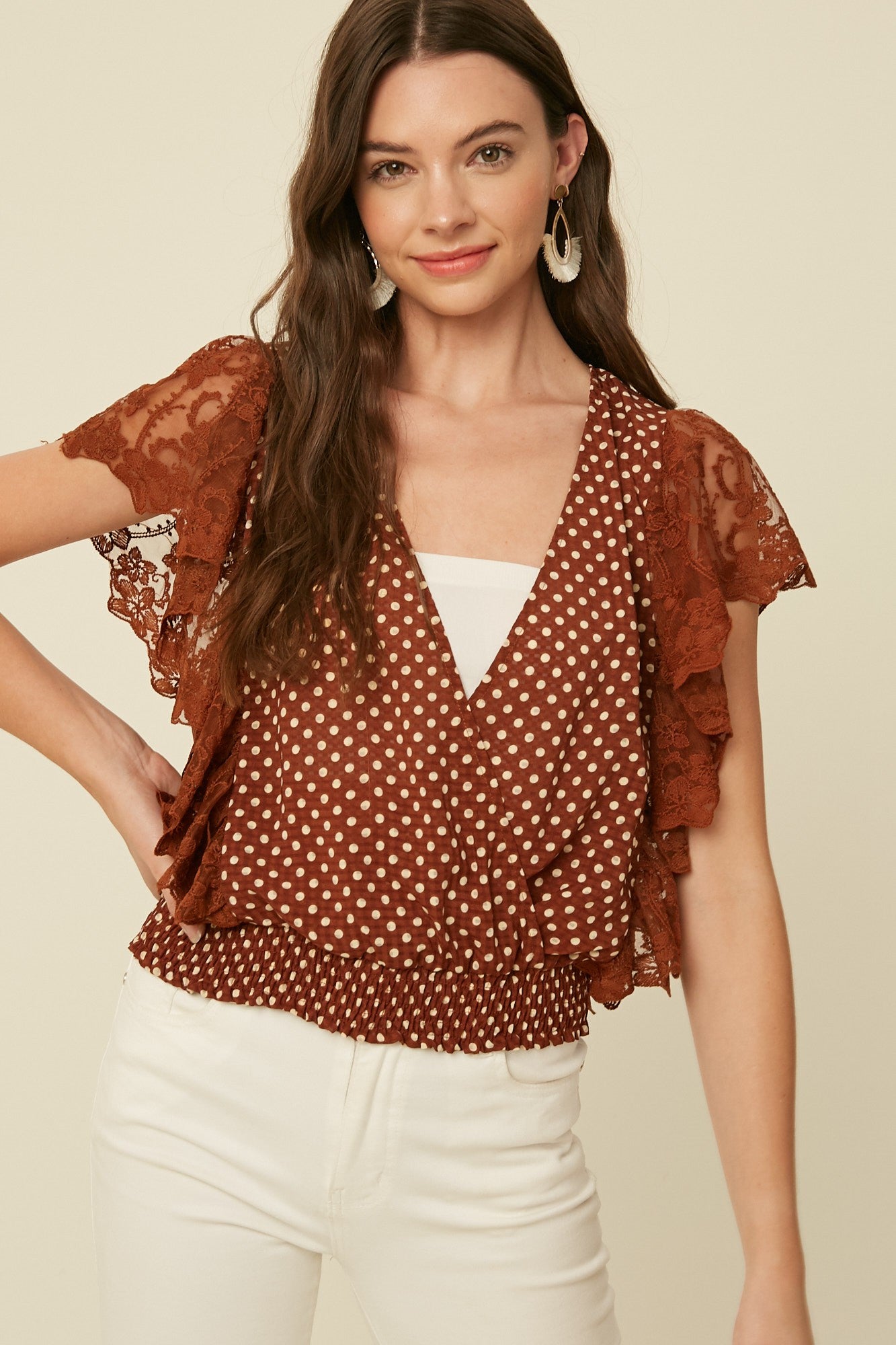 Noelle Polka Dot Lace Ruffle Top