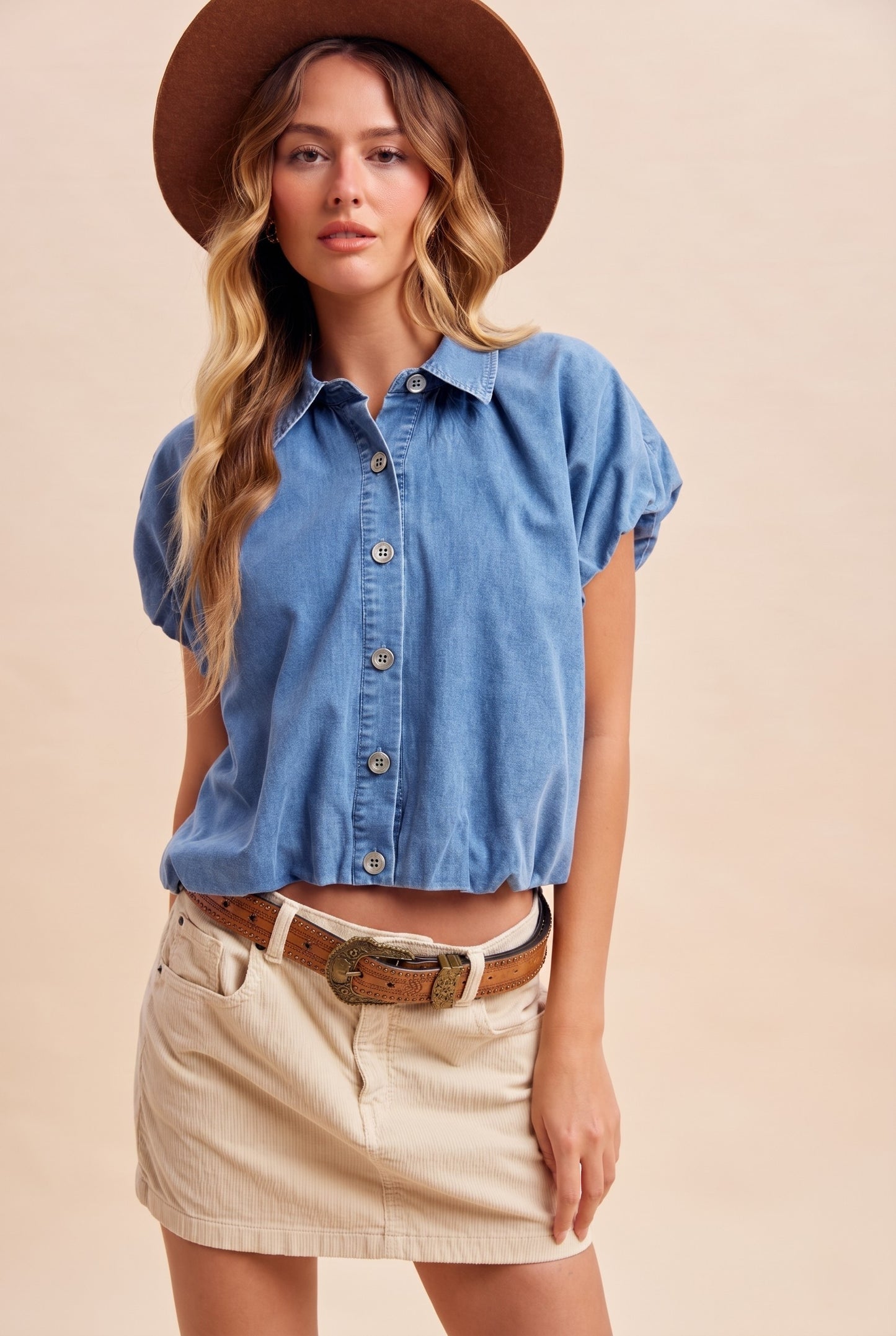 Lightweight Denim Bubble Hem Blouse
