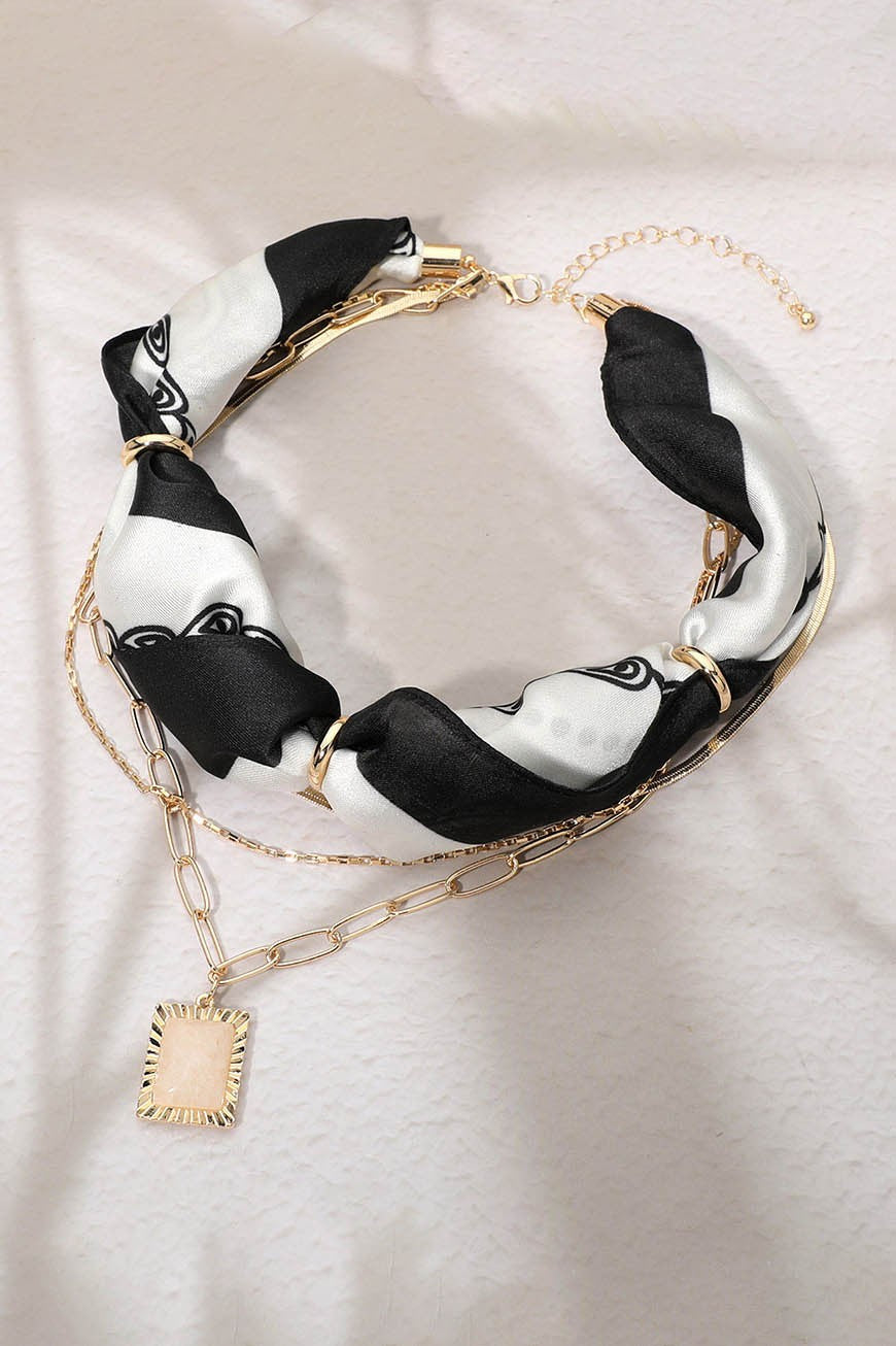Stone Layered Fabric Scarf Necklace