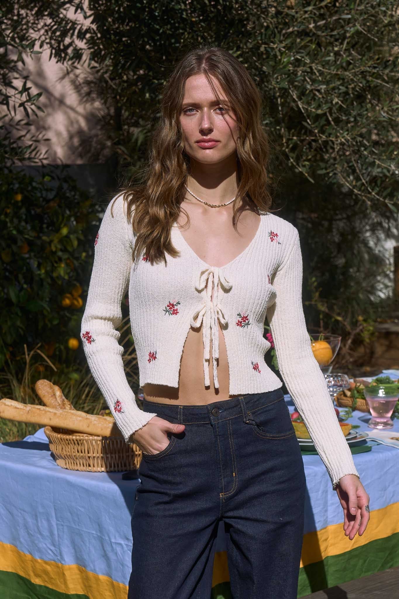 Floral Embroidery Tie Front Cardigan