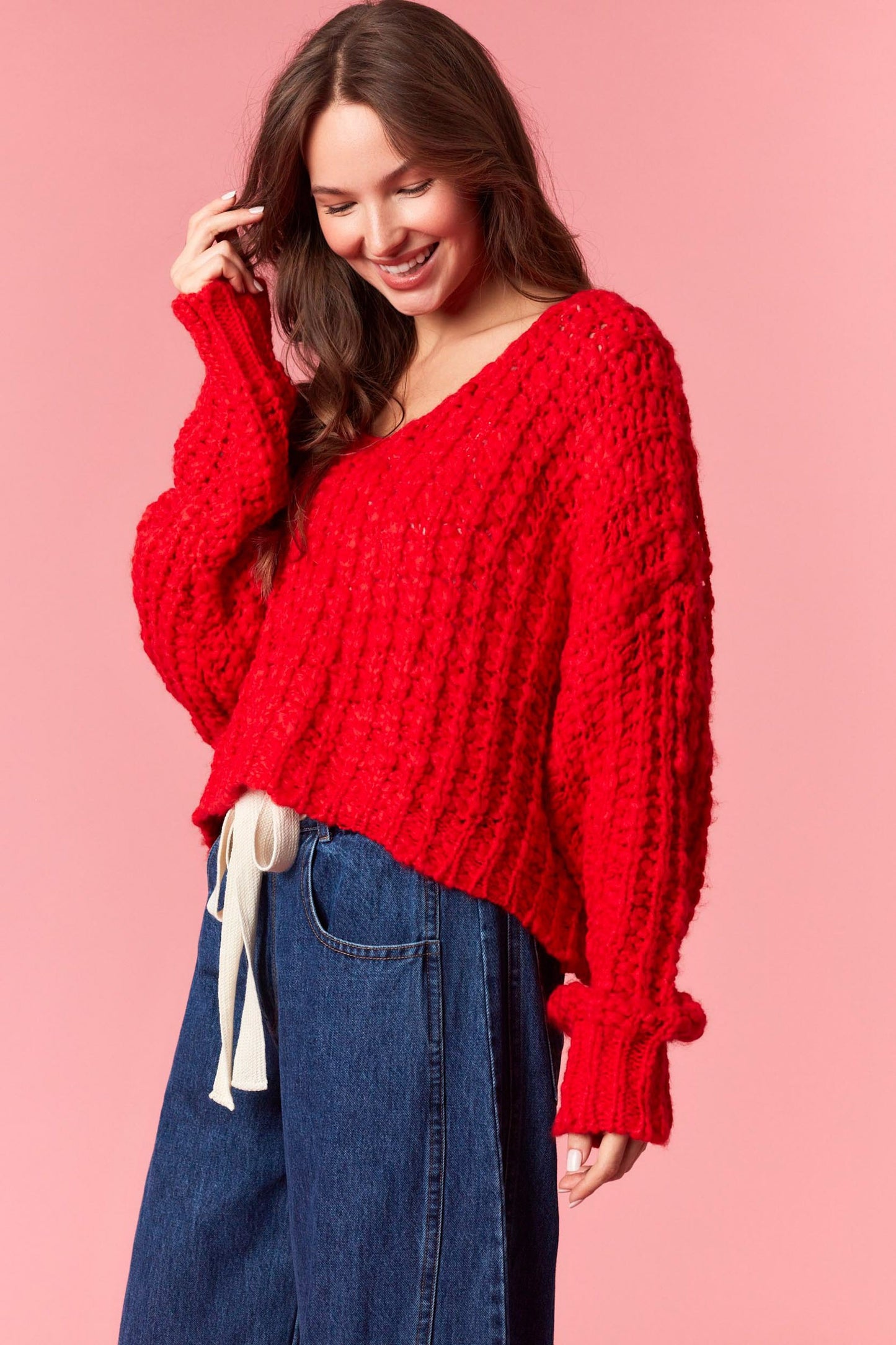 Popcorn V Neck Cropped Sweater