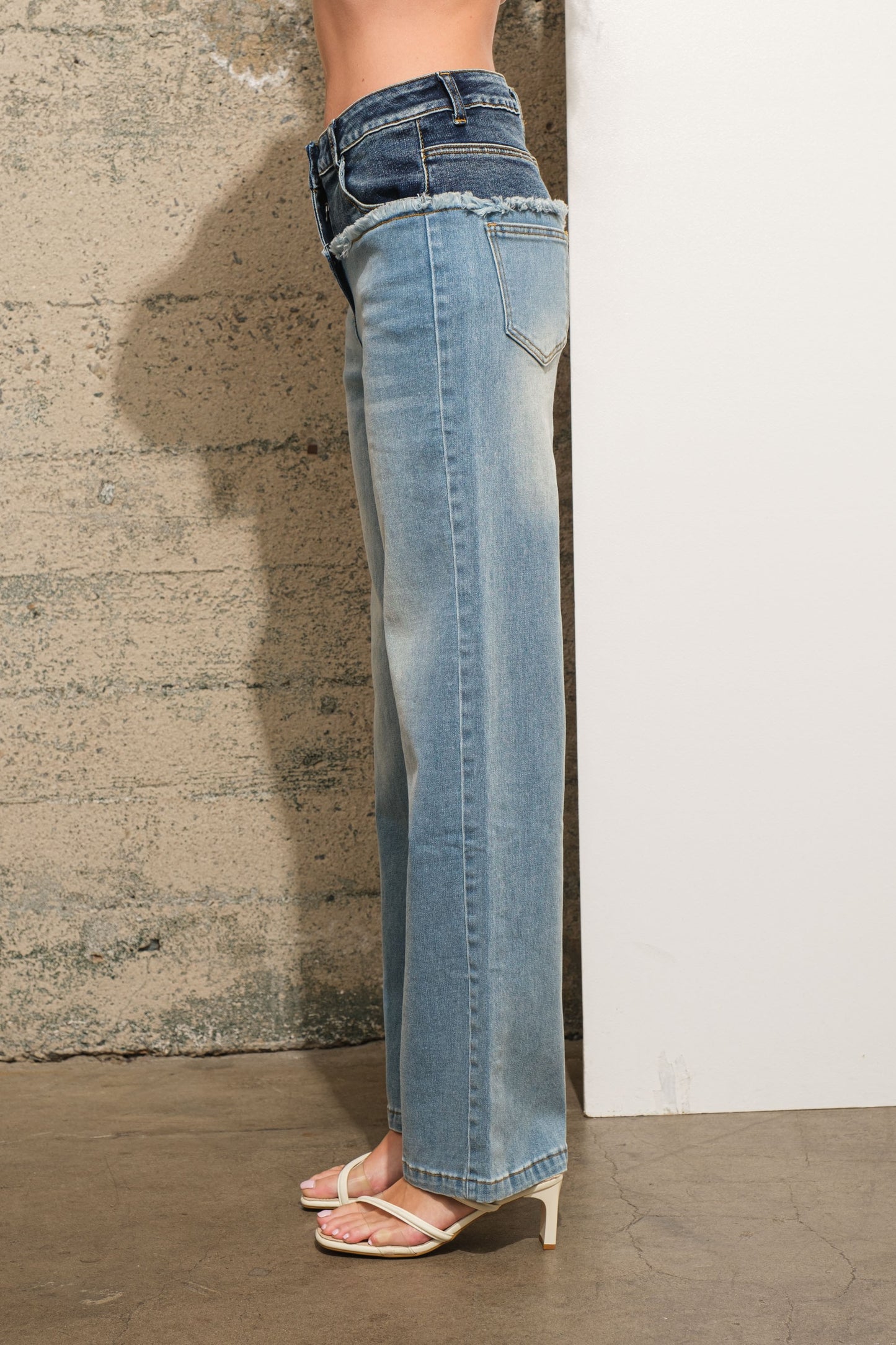 Layered Raw Cut Waistband Mid Rise Jean