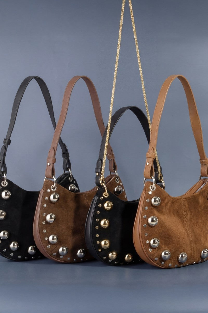 Ball Studded Suede Hobo Shoulder Bag