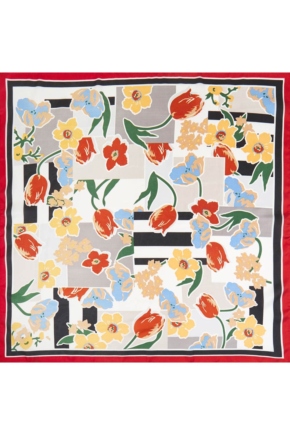 Geometric Floral Silky Bandana Scarf- Red