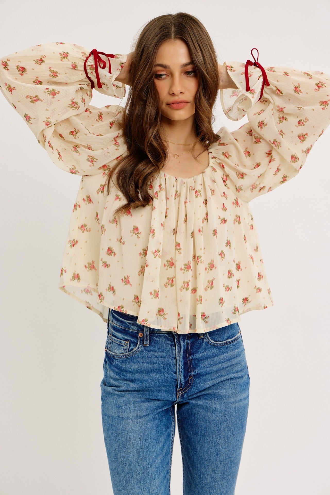 Dreamy Crinkle Chiffon Scattered Floral Blouse