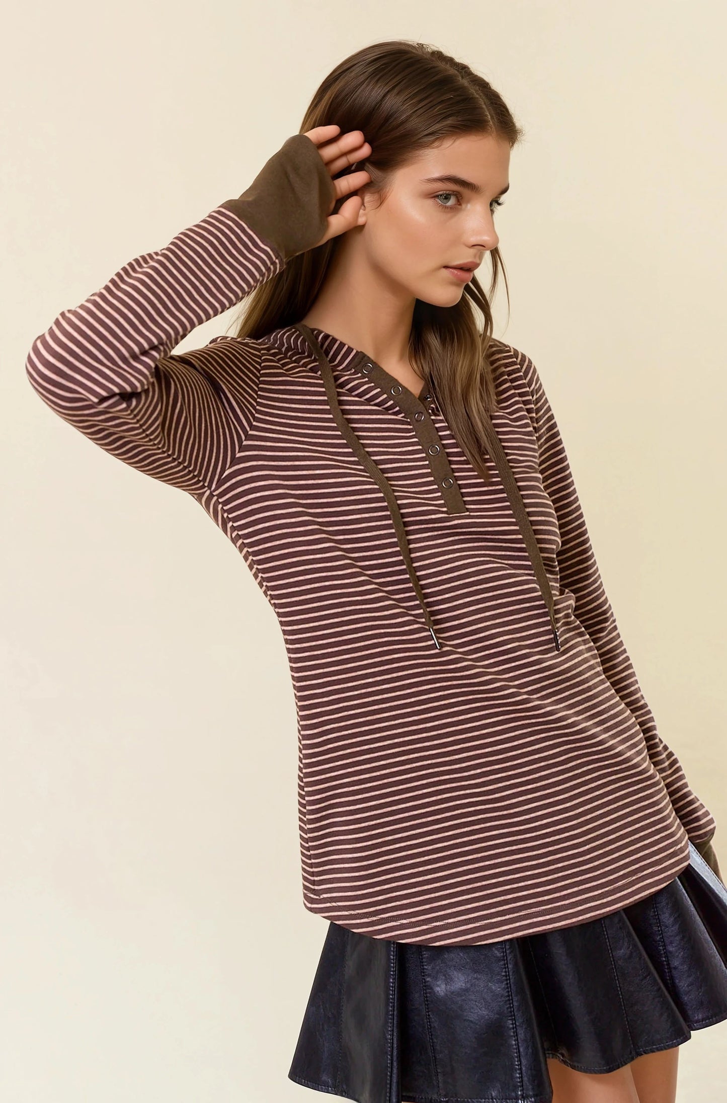 Henley Ribbed Hooded Top