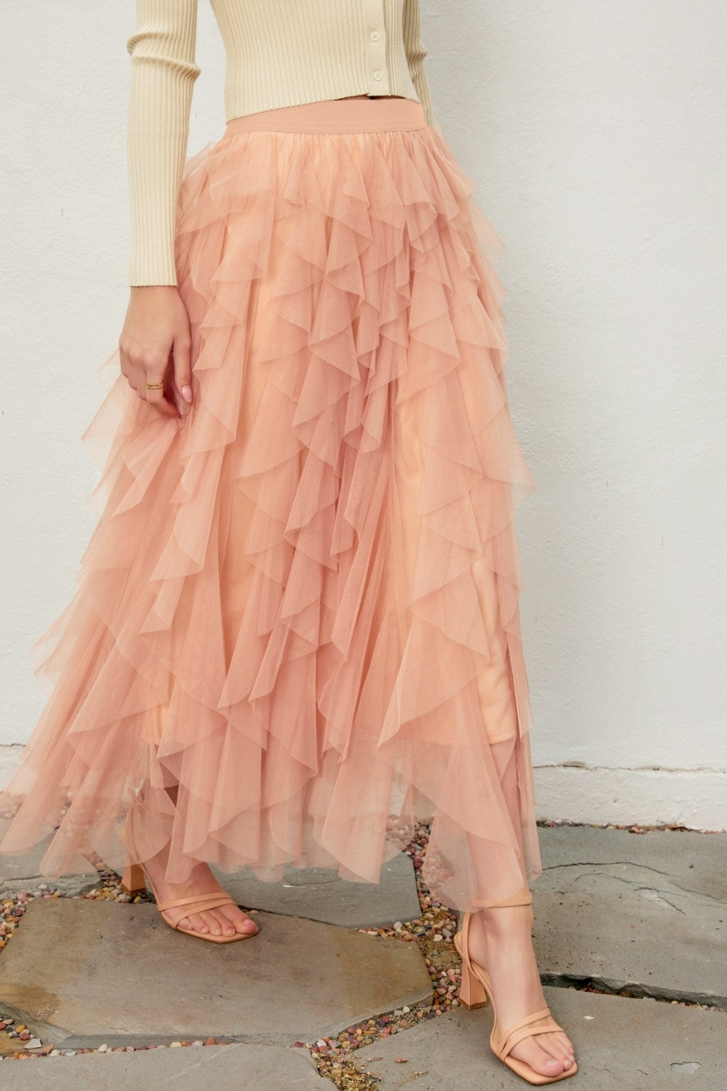 Peony Veil Elastic Ruffled Maxi Skirt