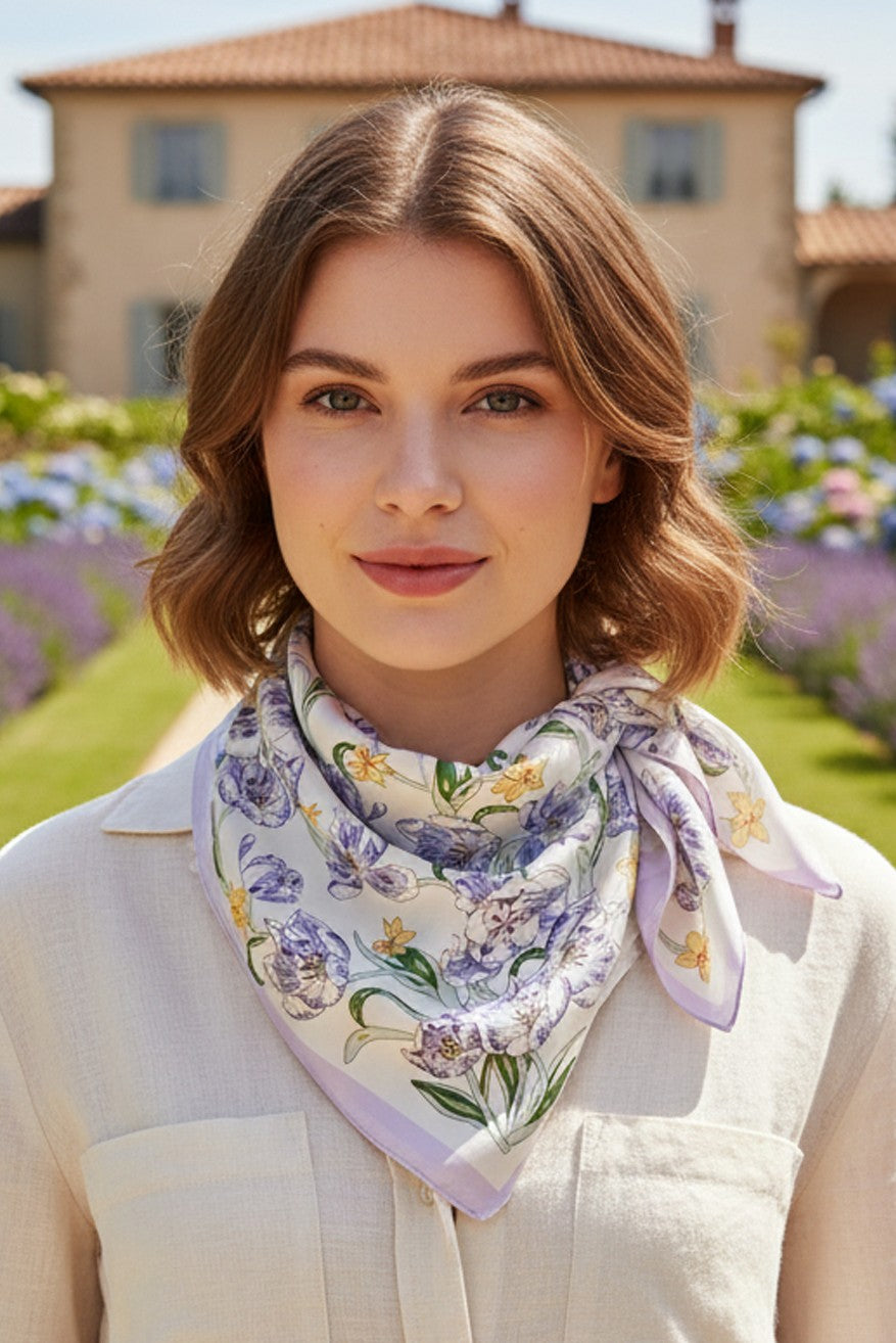 Elegant Floral Silky Bandana Scarf- Purple