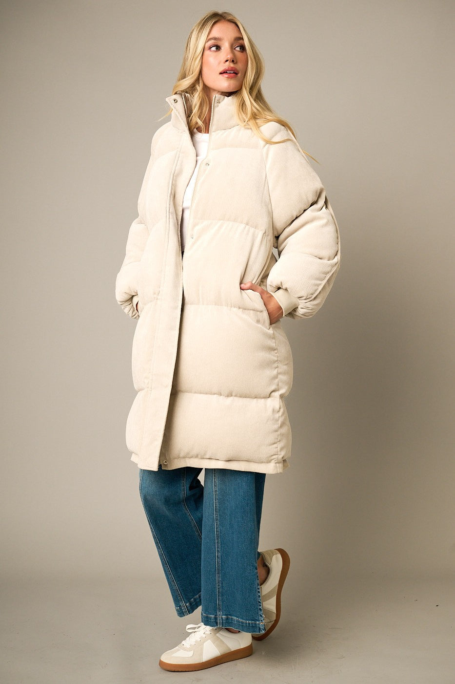 Corduroy Long Zip Up Puffer Jacket