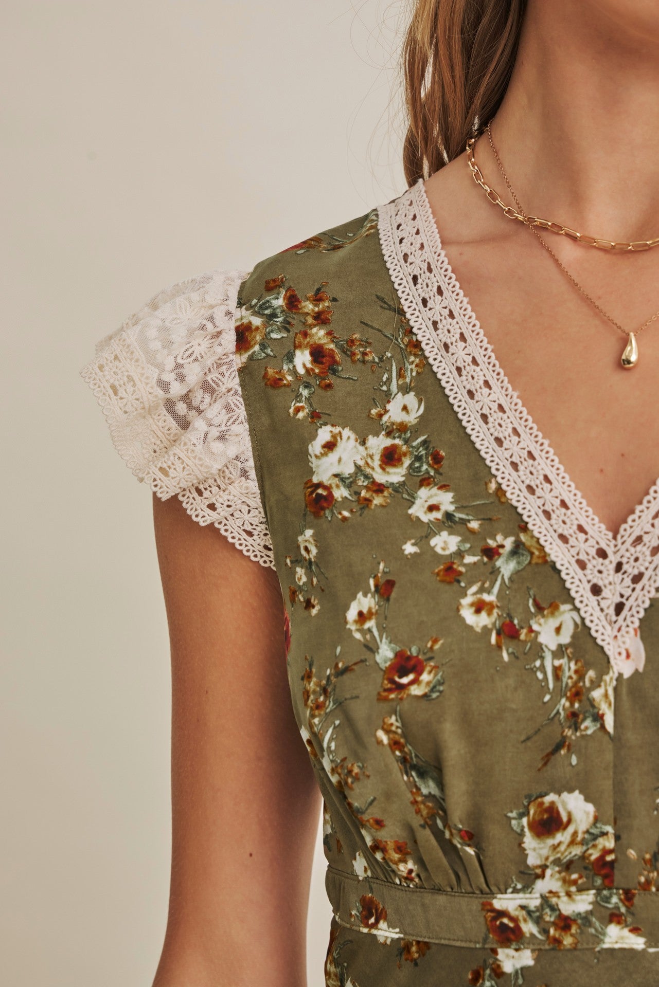 Olive Blossom Scallop Lace Satin Maxi Dress