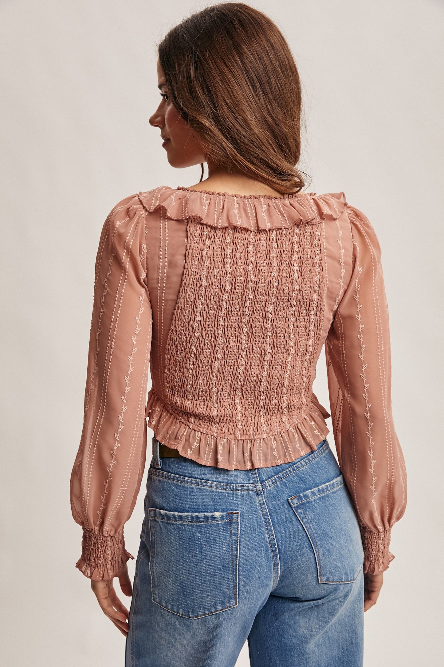 Ruffle Lace Up Smocked Blouse