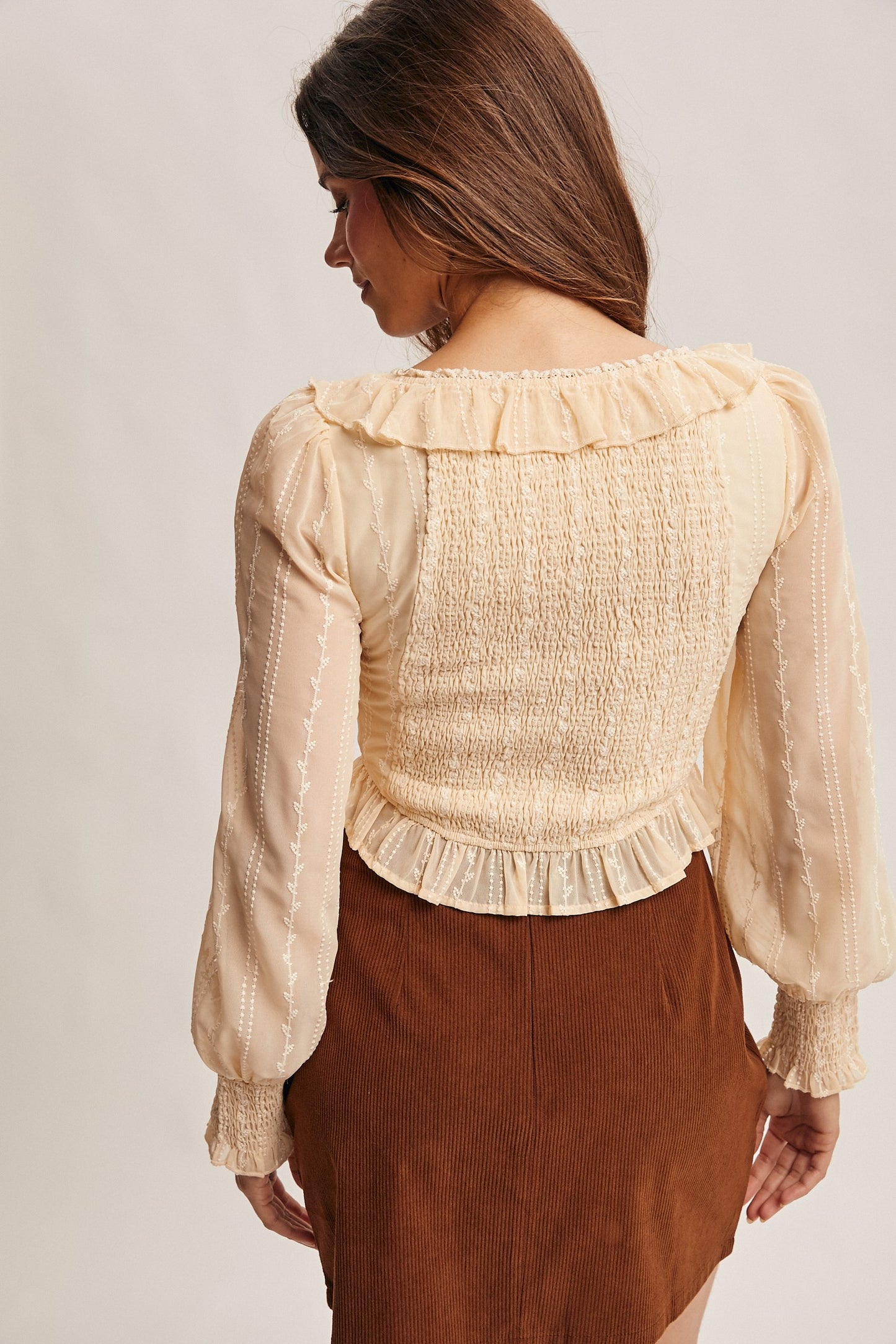 Ruffle Lace Up Smocked Blouse