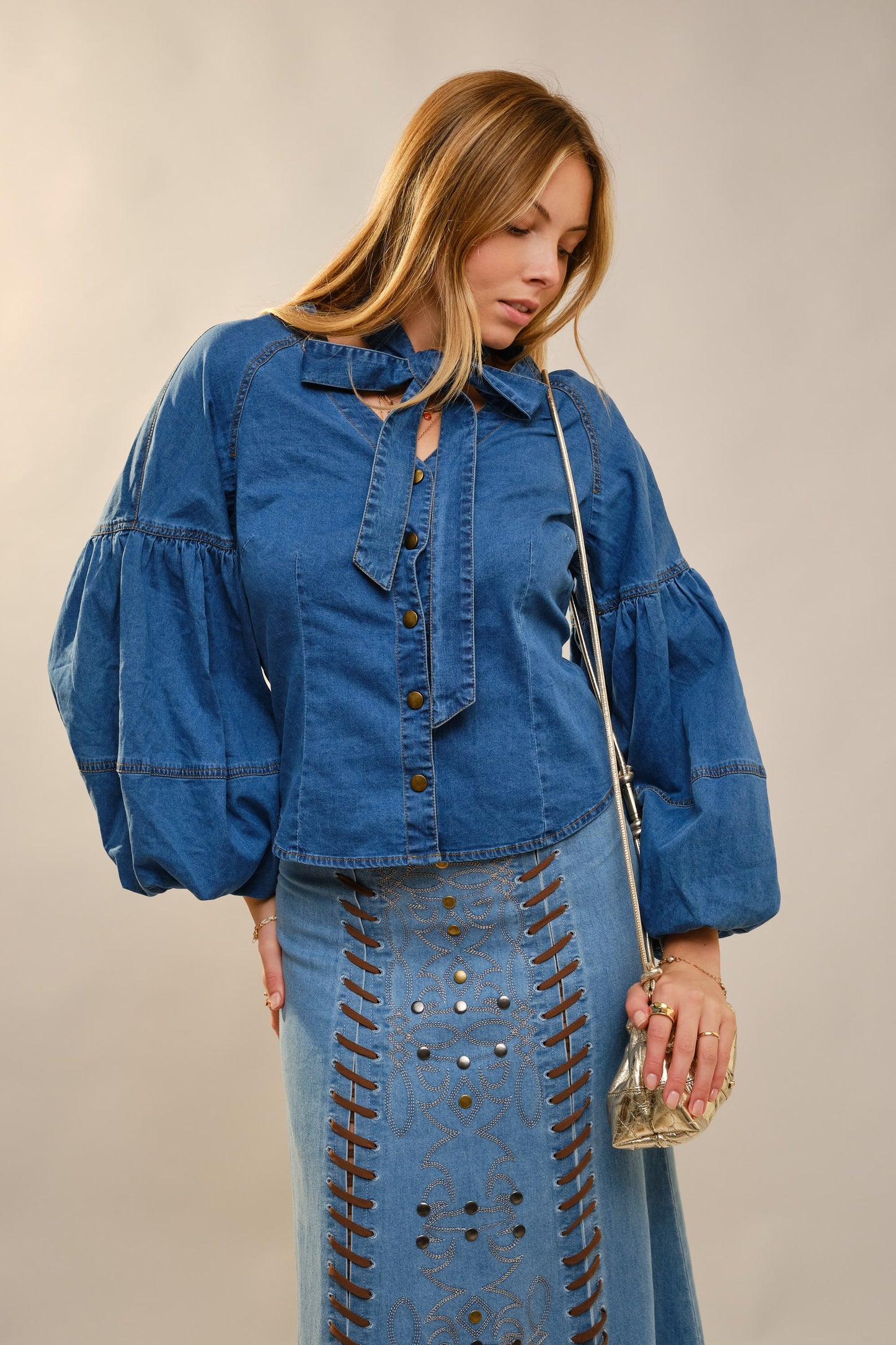 Bow Neck Tie Puff Sleeve Denim Top