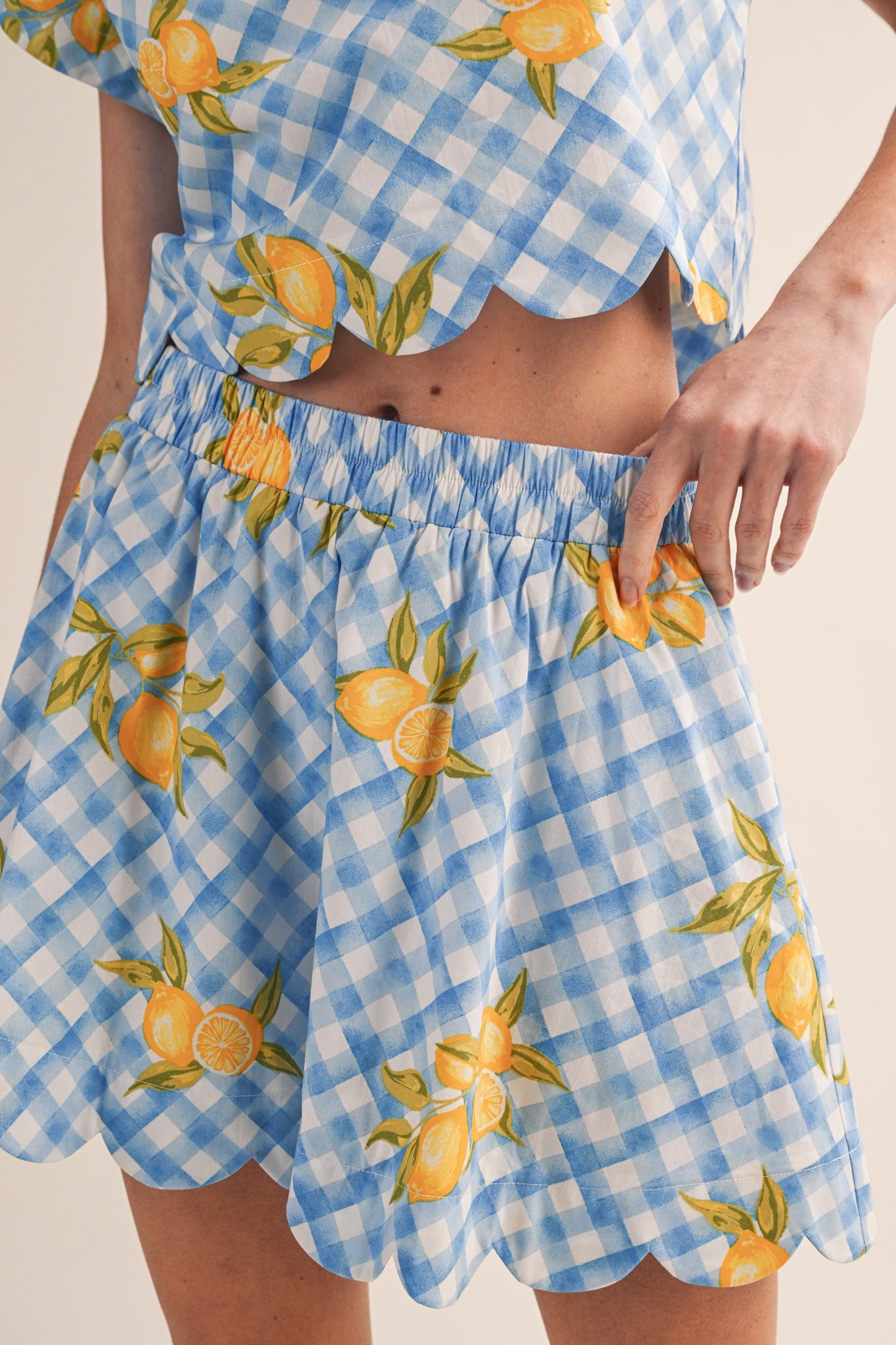 Gingham Lemon Scalloped Top & Mini Skort Set