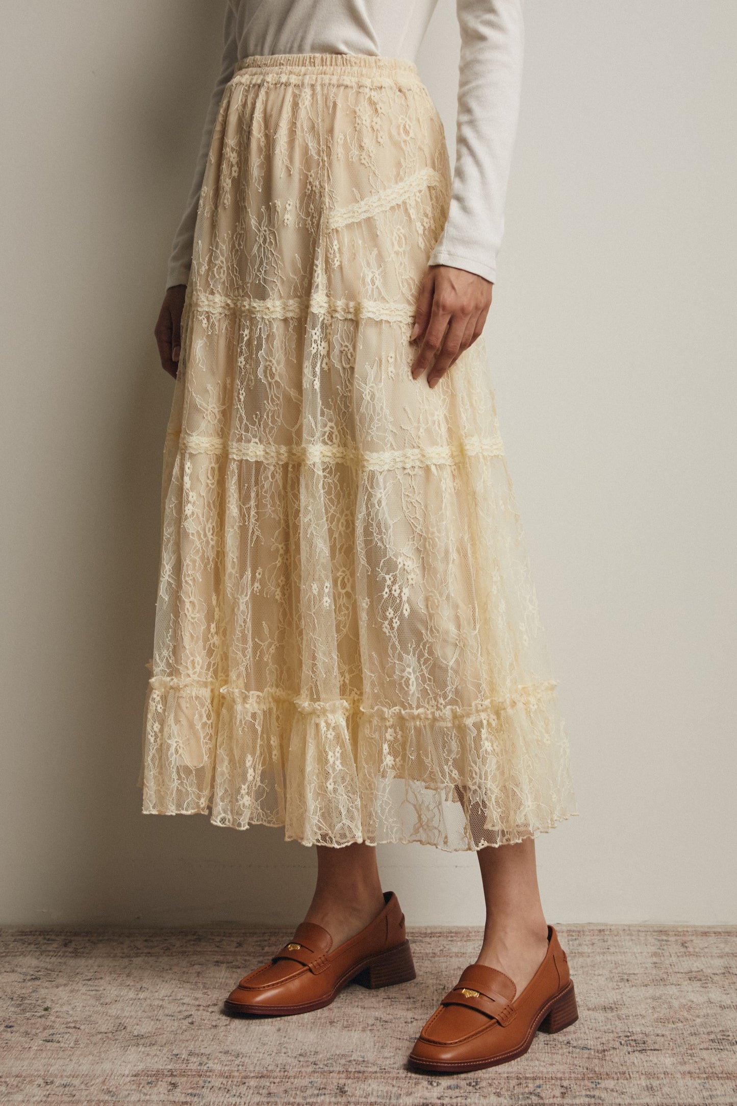 Jaycee Tiered Lace Midi Skirt