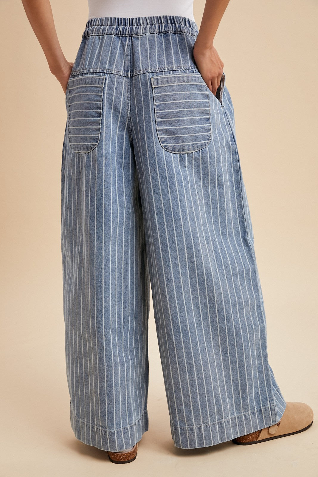 Striped Denim Pintuck Wide-Leg Pants