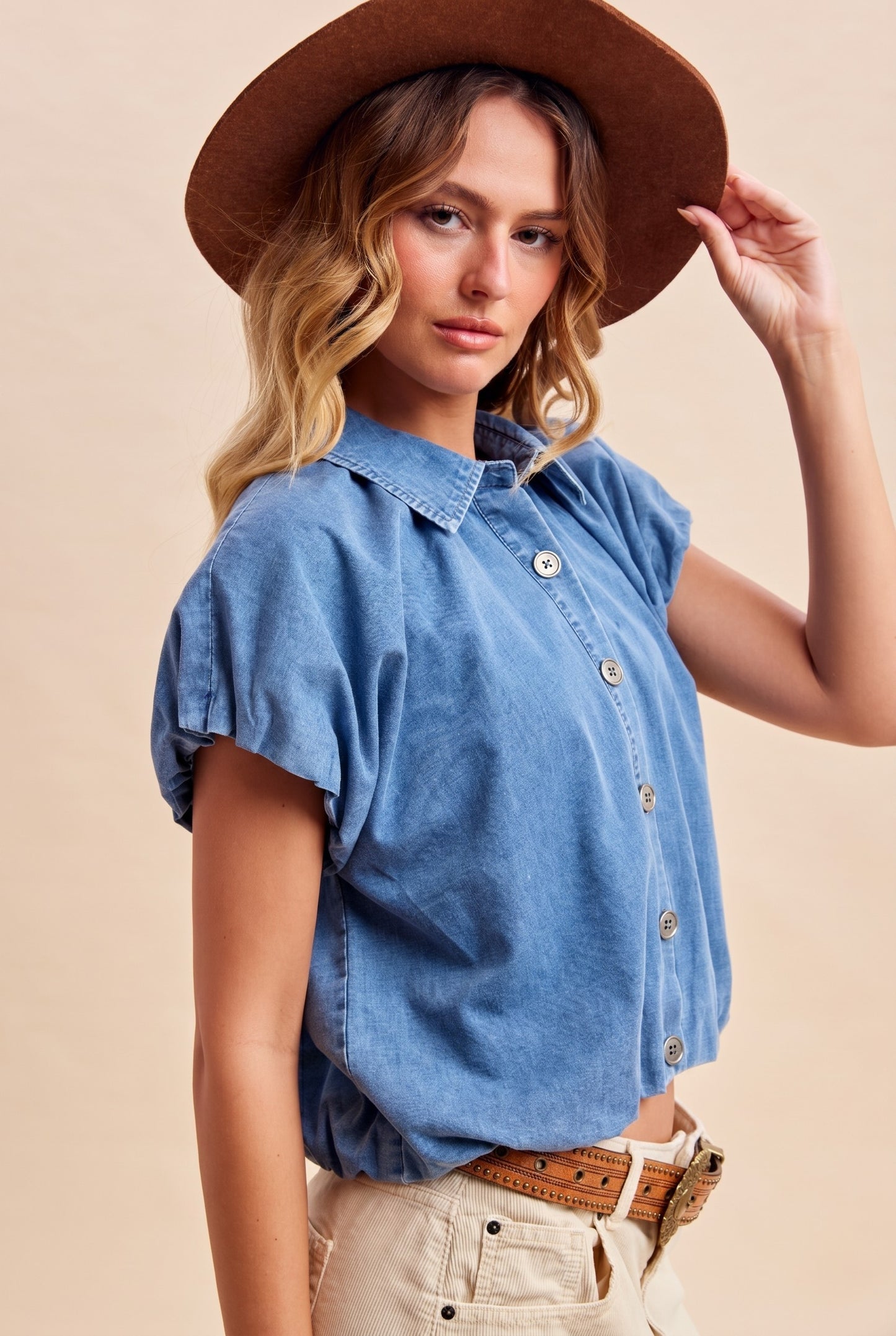 Lightweight Denim Bubble Hem Blouse