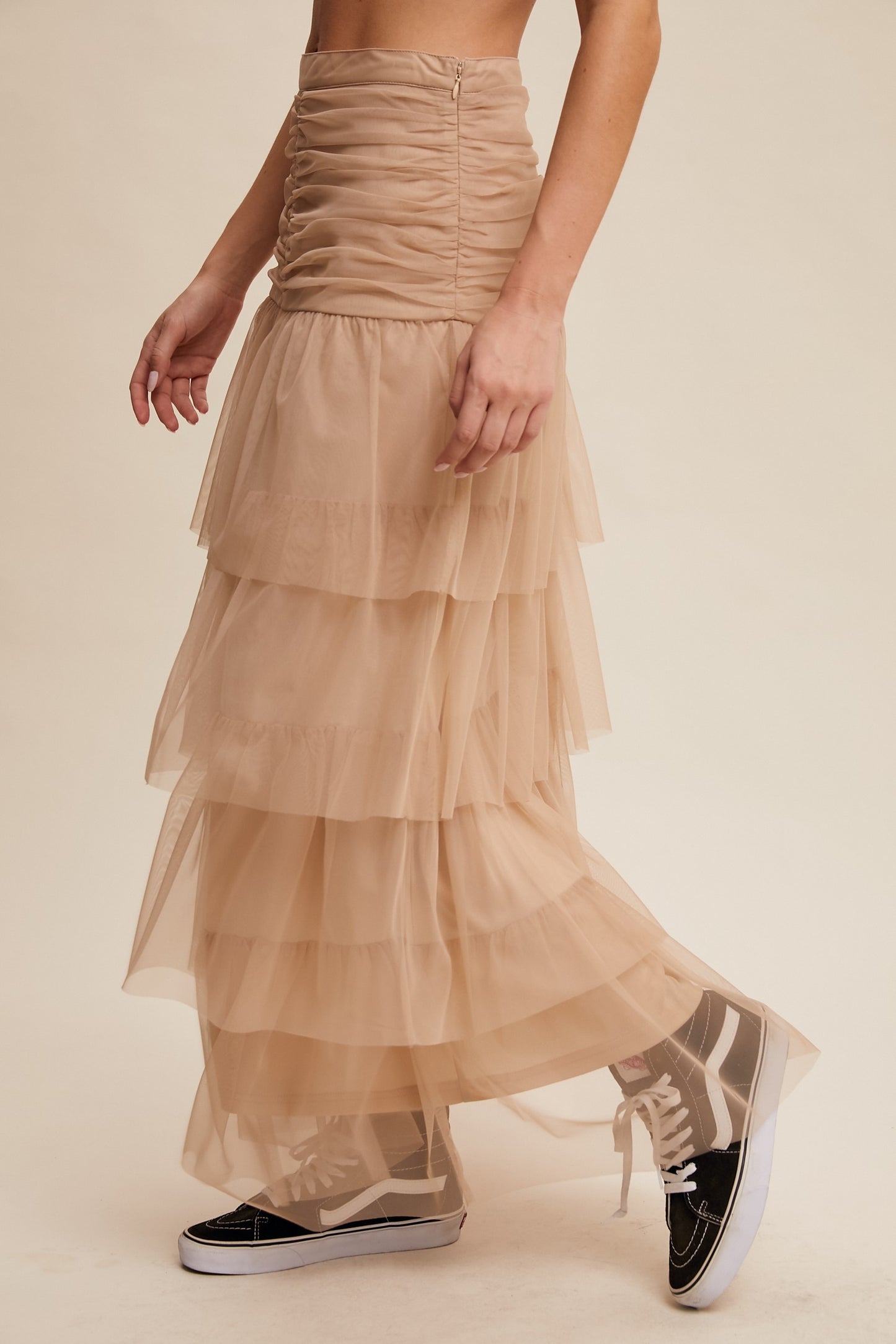 Cinched Tiered Romantic Mesh Skirt