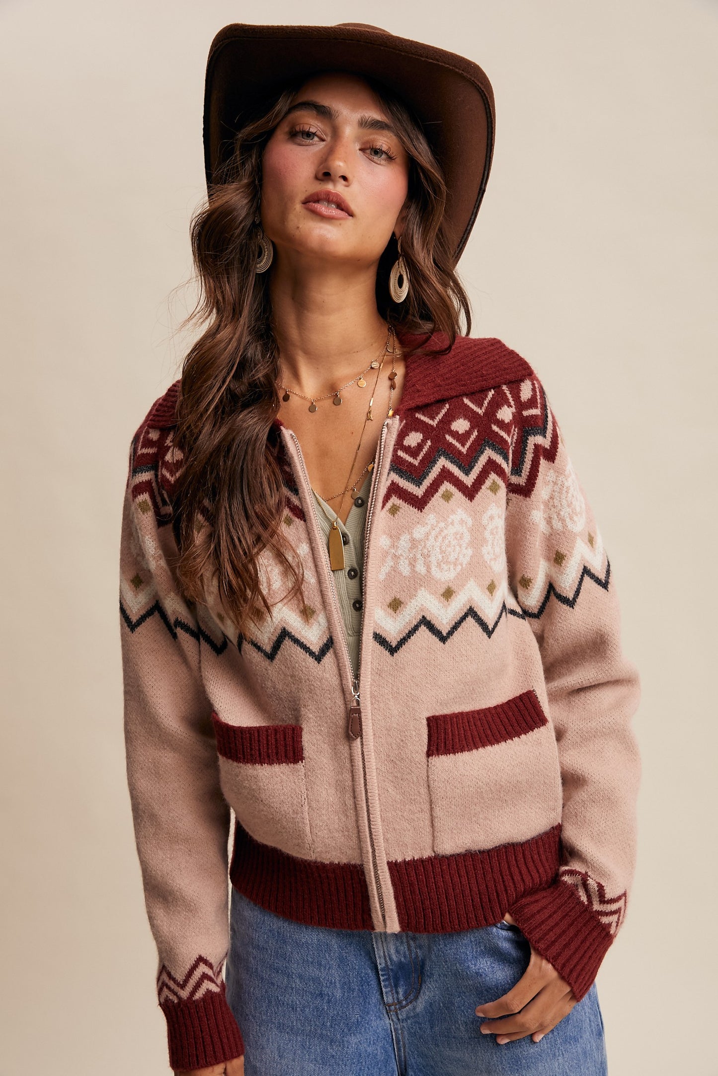 Retro Floral Knit Zip-Up Cardigan