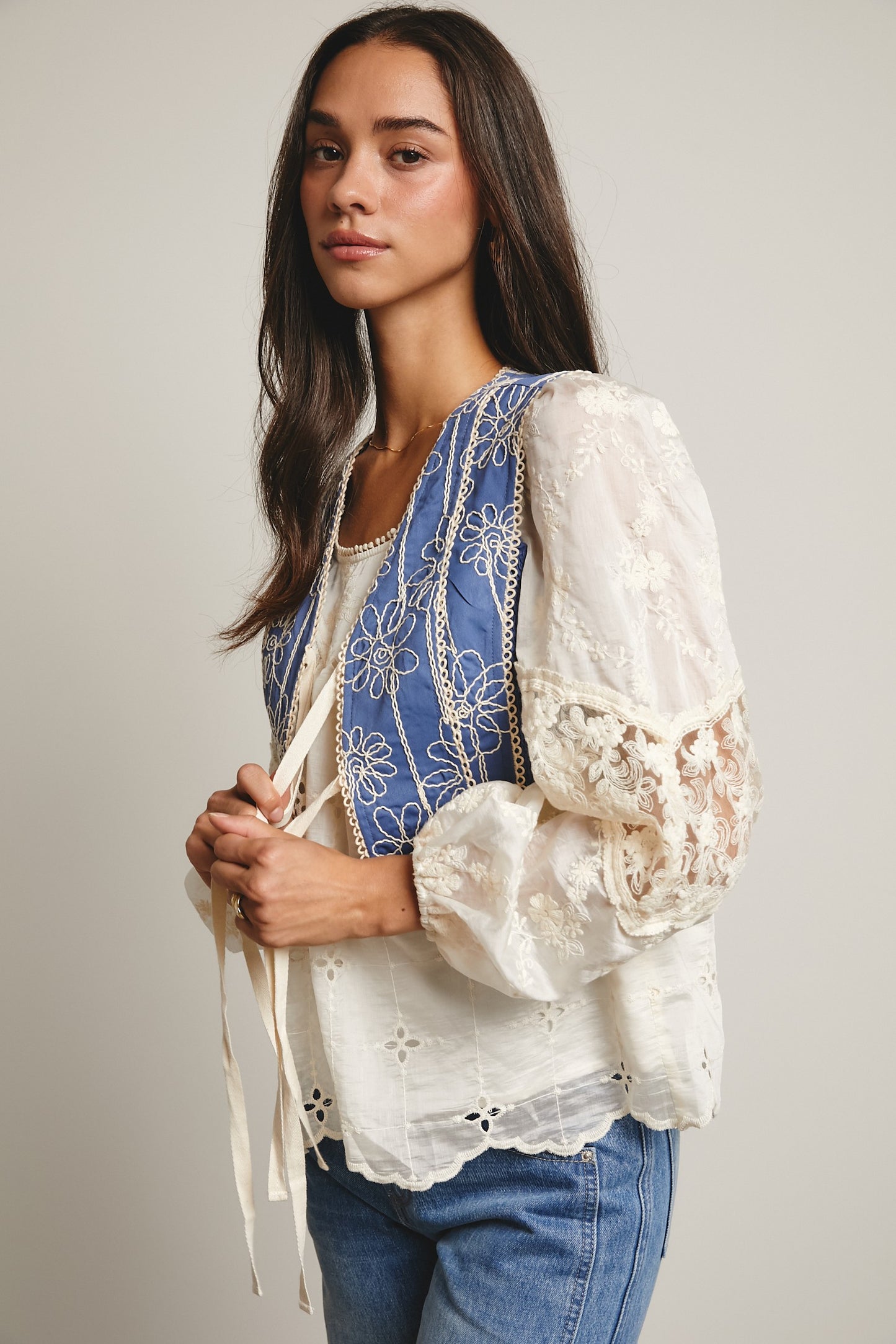 Embroidered Tie Front Boho Vest