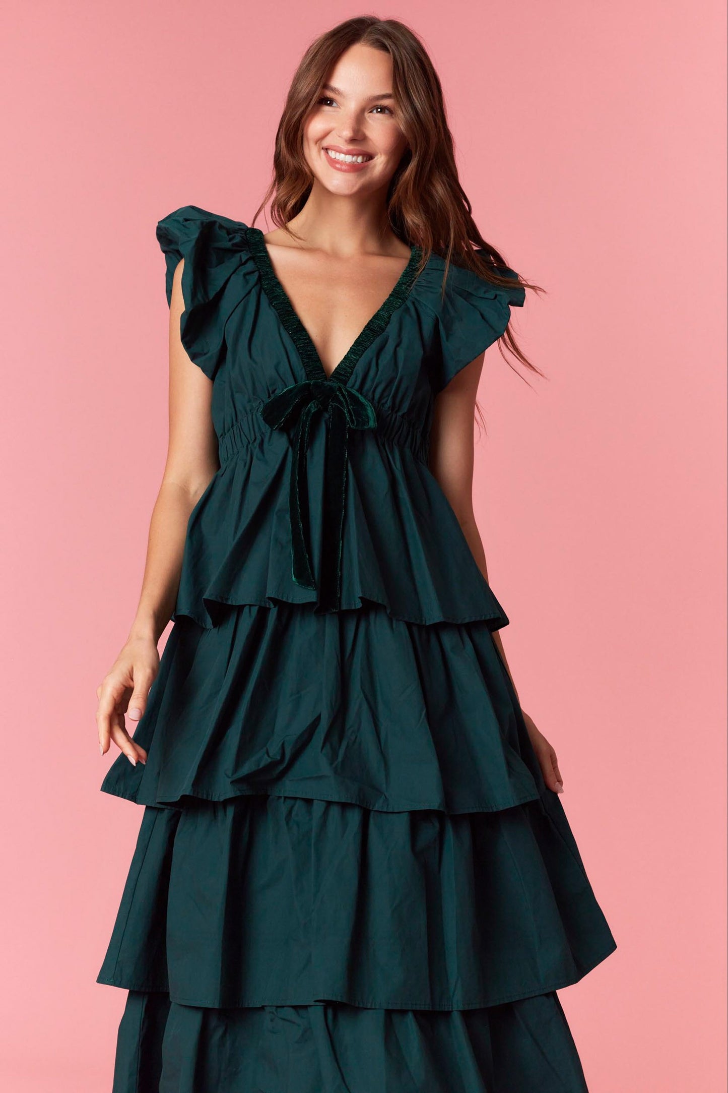 Velvet V Neck/Bow Ruffled Midi Dress