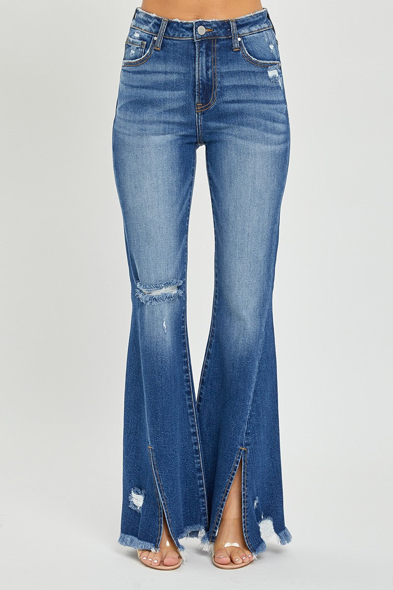 Front Slit Frayed Flare Jeans