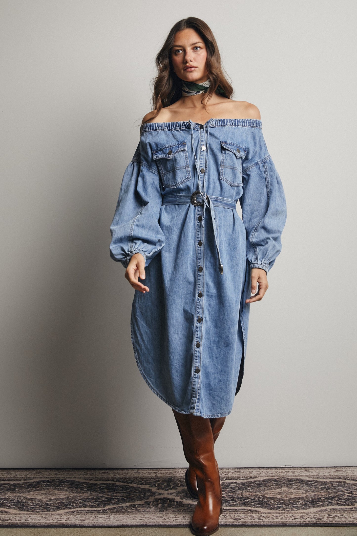 Off Shoulder Belted Denim Shirt Dress