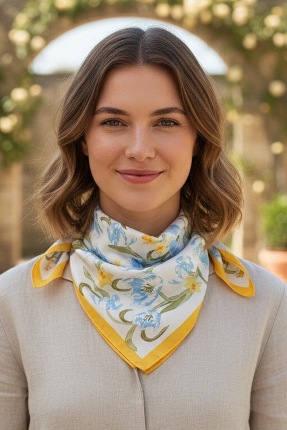 Elegant Floral Silky Bandana Scarf- Yellow