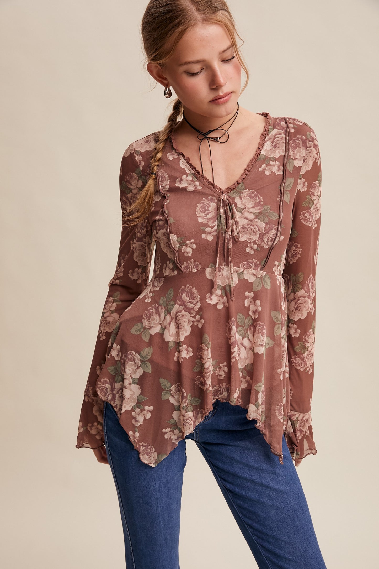 Floral Mesh Handkerchief Blouse
