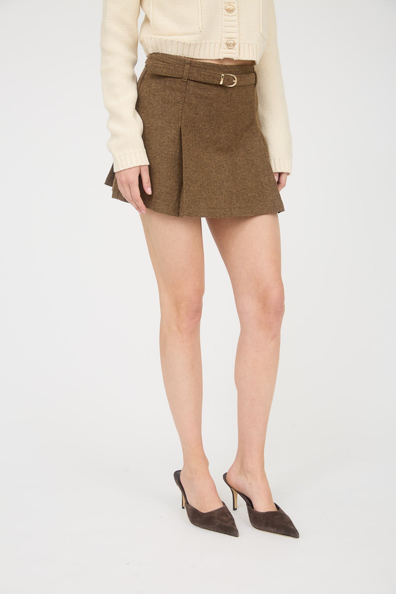 Box Pleated Belted Mini Skirt