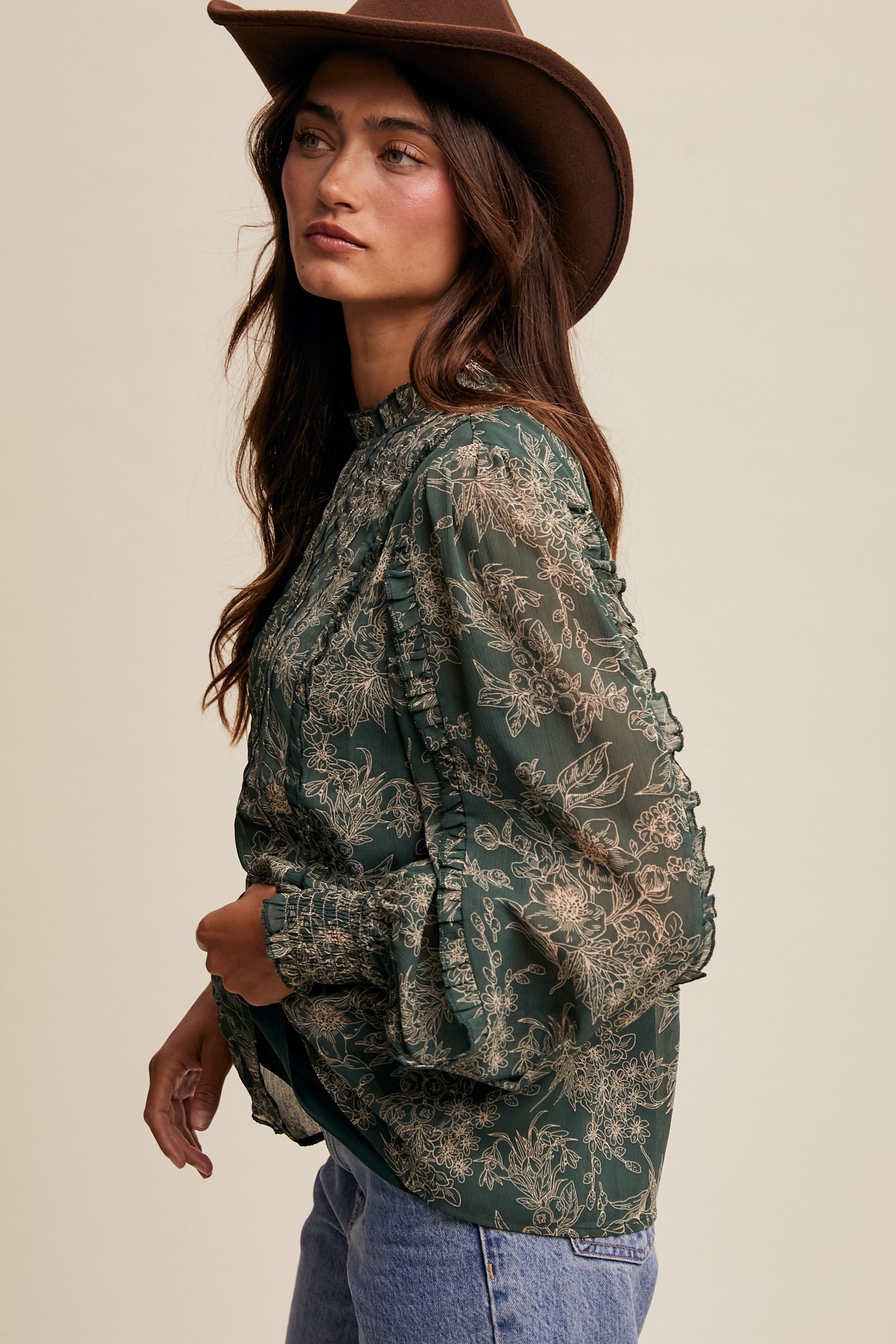 Floral Print Pleated Blouse