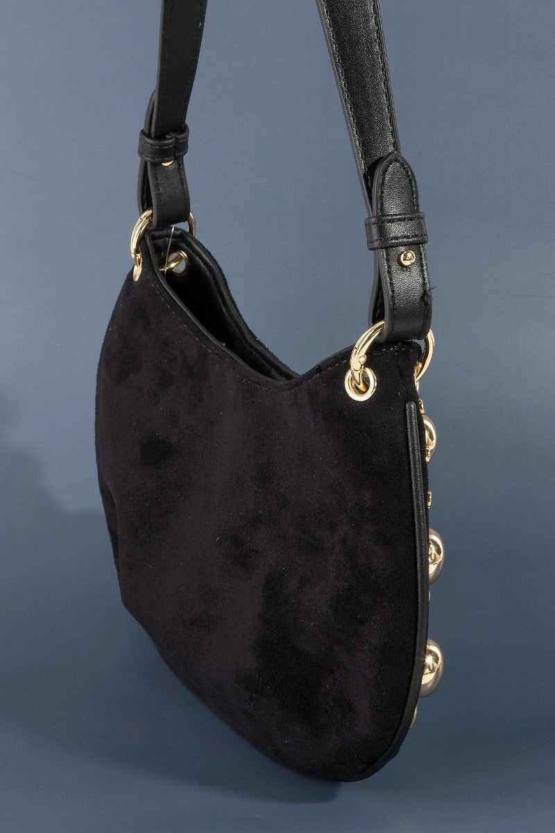 Ball Studded Suede Hobo Shoulder Bag