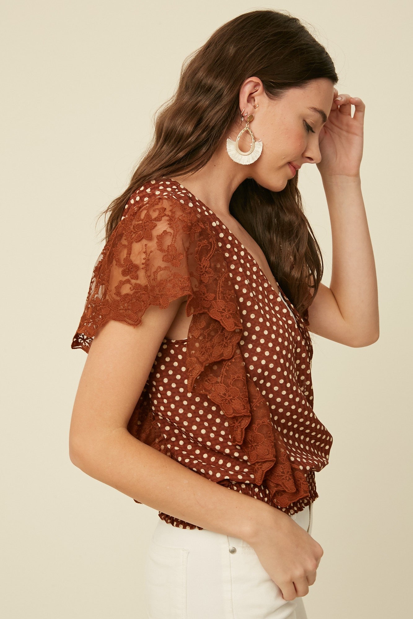 Noelle Polka Dot Lace Ruffle Top