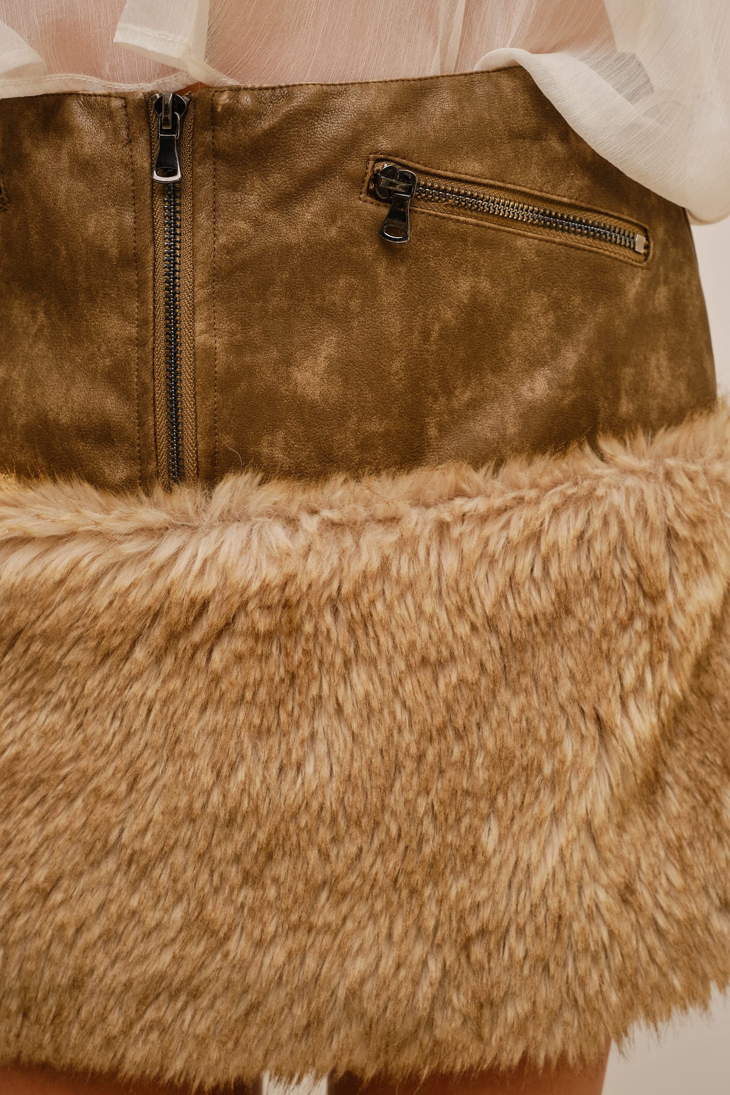 Washed Faux Leather Fur Mini Skirt