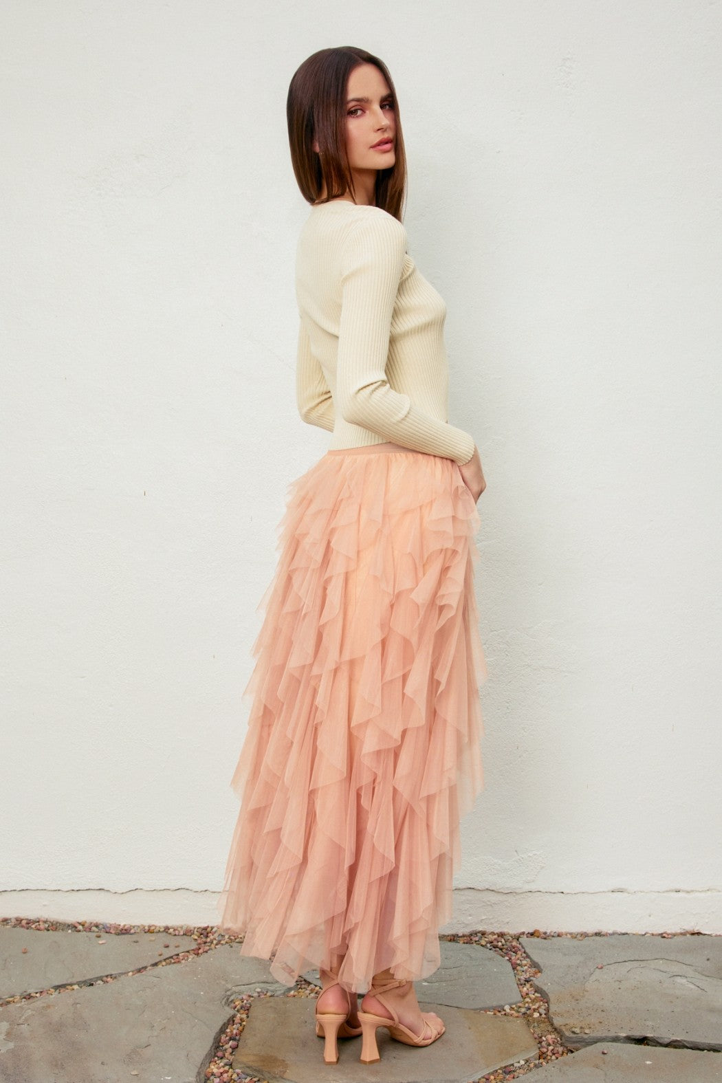 Peony Veil Elastic Ruffled Maxi Skirt